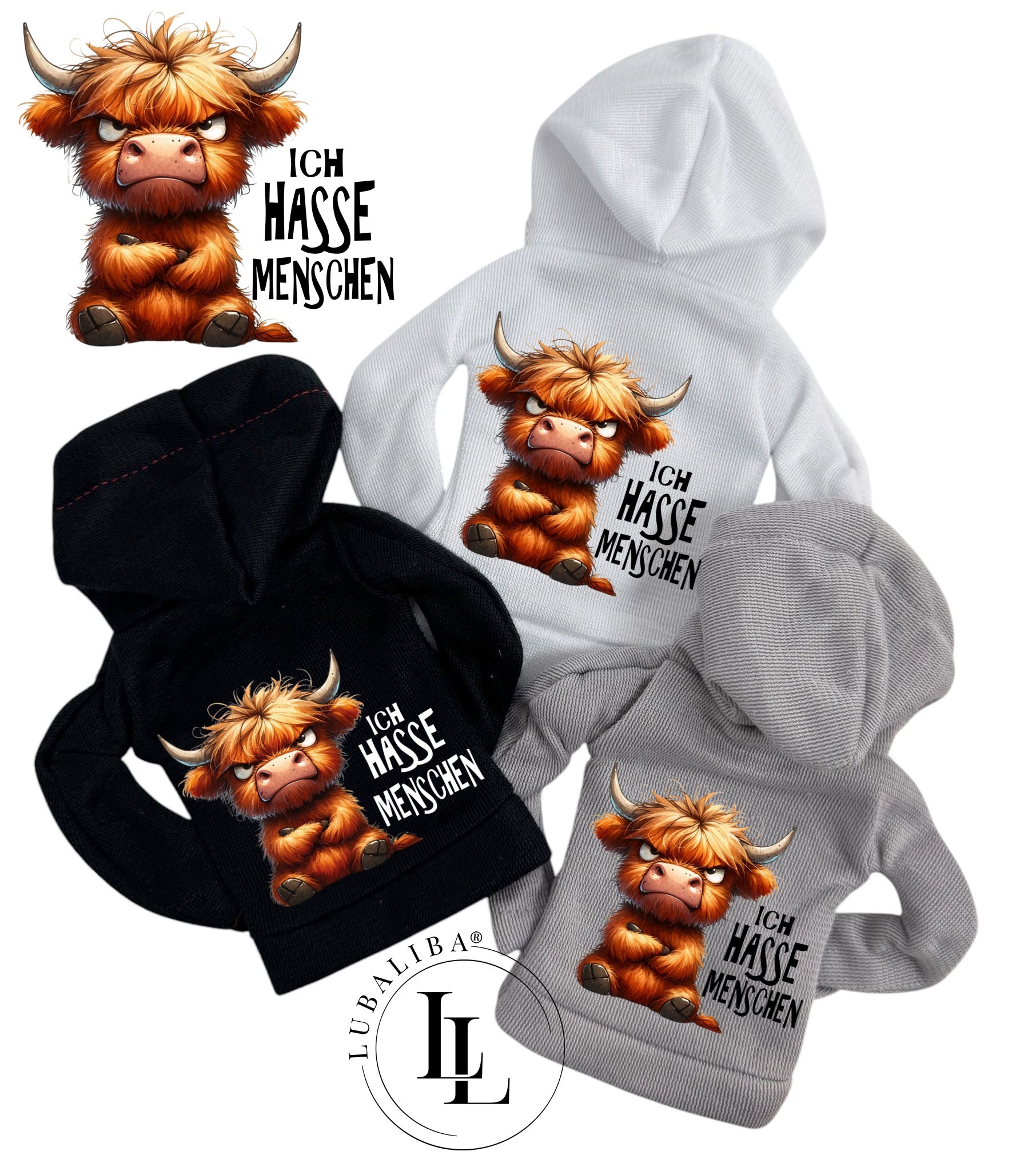 Mini Hoodie " Ich Hasse Menschen " Rind Kuhbert Motiv: TAC